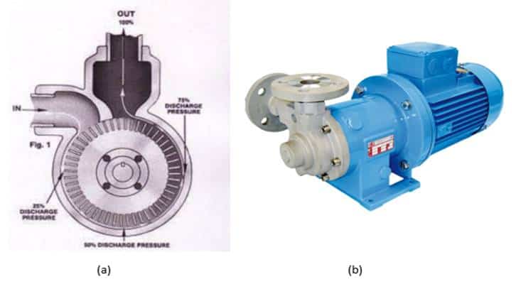 (a) Front view of magnet peripheral centrifugal pump (b) Magnetic peripheral centrifugal pump