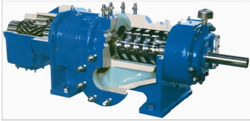 showing a horizontal positive displacement screw gear pump