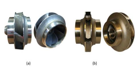 Showing pump impellers; a) single-suction design and b) double-suction design