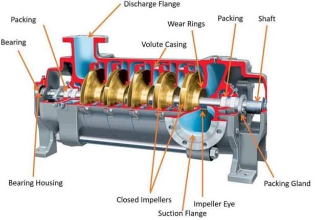 Components of a horizontal multistage centrifugal pump